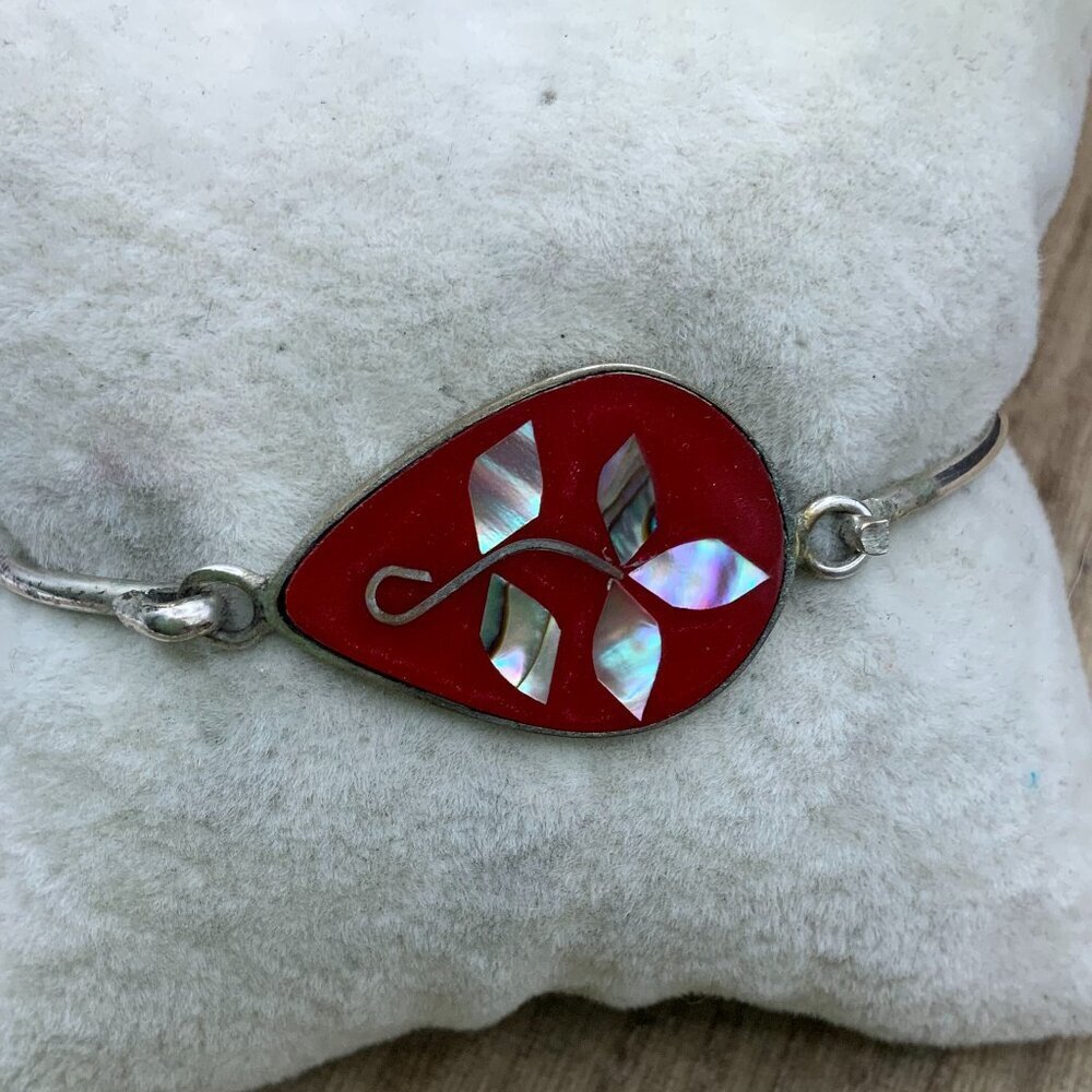 Alpaca Mexico Red Vintage Silver Abalone Inlay Bangle Bracelet